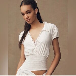 Maeve Anthropologie White Blouse with Smocked Waist